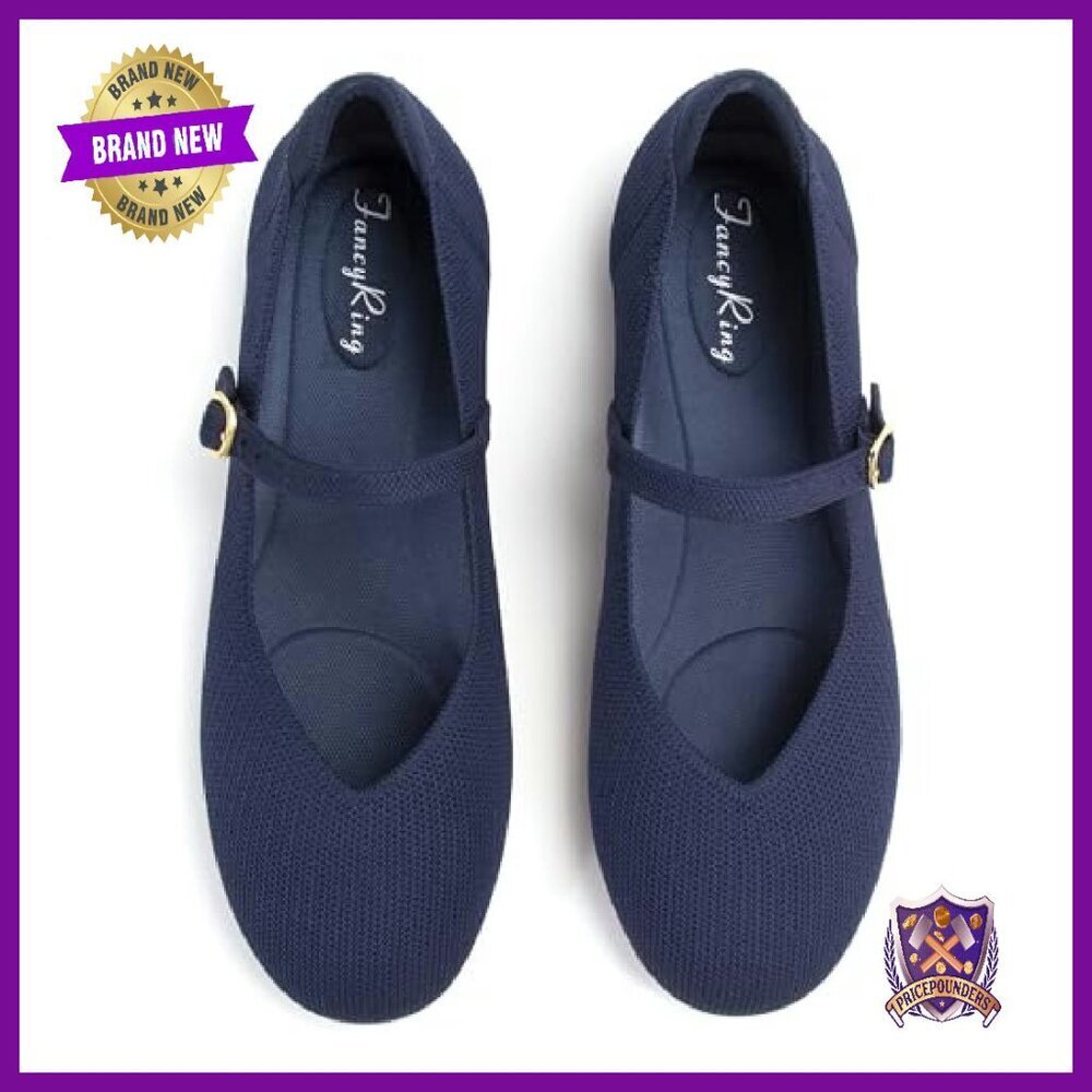 Women's Knit Ballet Flats with Adjustable Strap, Comfortable Work Shoes - Picture 2 of 8